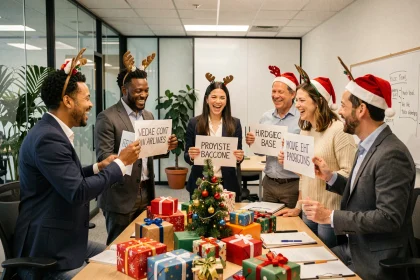Groupe de collègues en entreprise portant des accessoires de Noël décalés et tenant des pancartes humoristiques autour d'une table de réunion décorée