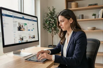 Femme professionnelle comparant des plateformes en ligne sur ordinateur et tablette dans un bureau moderne en 2026