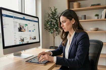Femme professionnelle comparant des plateformes en ligne sur ordinateur et tablette dans un bureau moderne en 2026