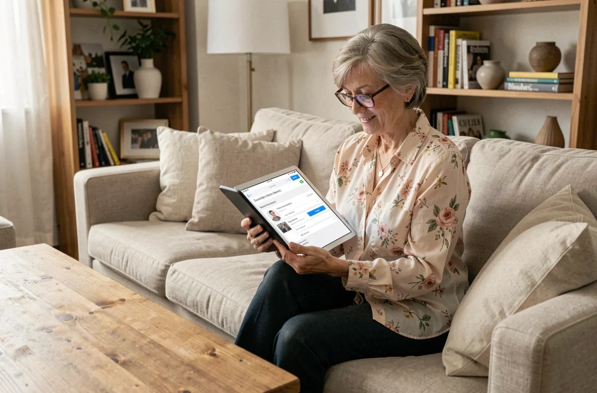 Femme senior gérant son compte Altaya et son historique d'abonnements sur une tablette depuis son salon