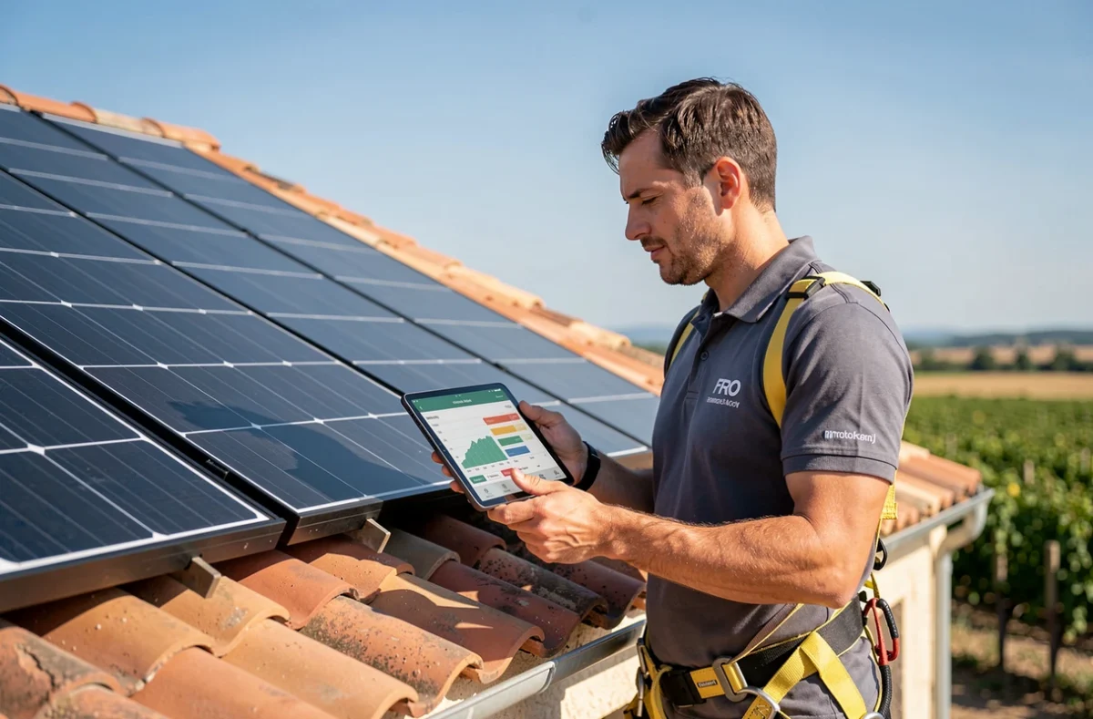 Technicien de Core Energies installant des panneaux solaires photovoltaïques sur une toiture provençale pour améliorer la performance énergétique