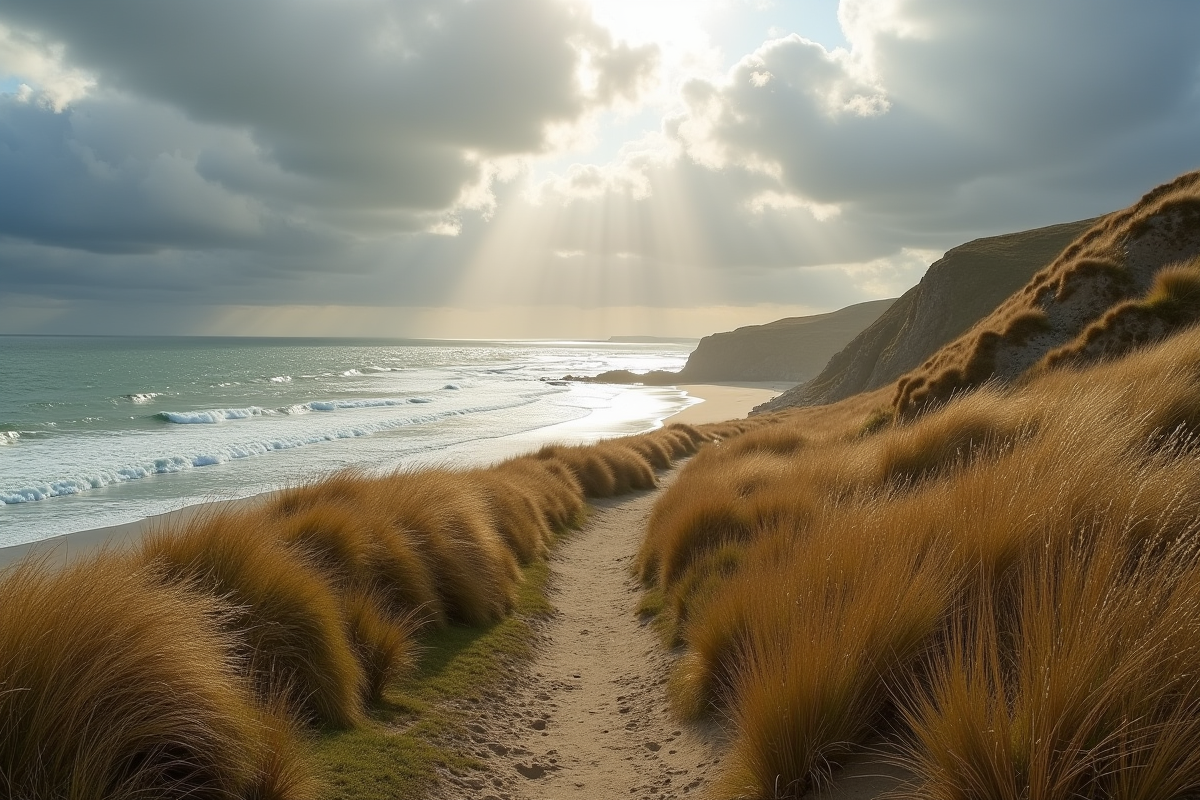 Plage sauvage en Bretagne avec dunes et ciel orageux