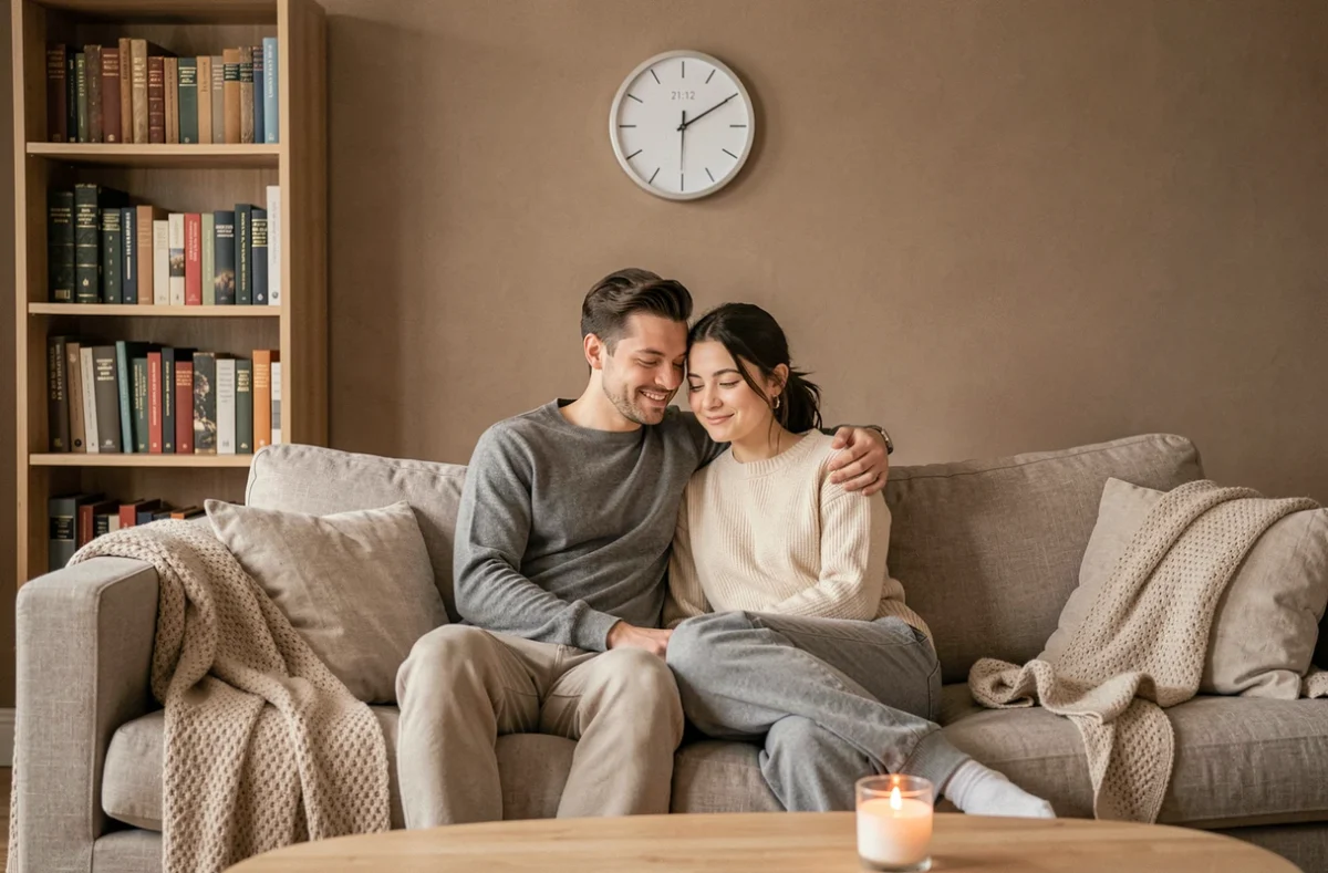 Couple souriant ensemble dans un salon confortable remarquant l'heure 21h12 sur une horloge murale