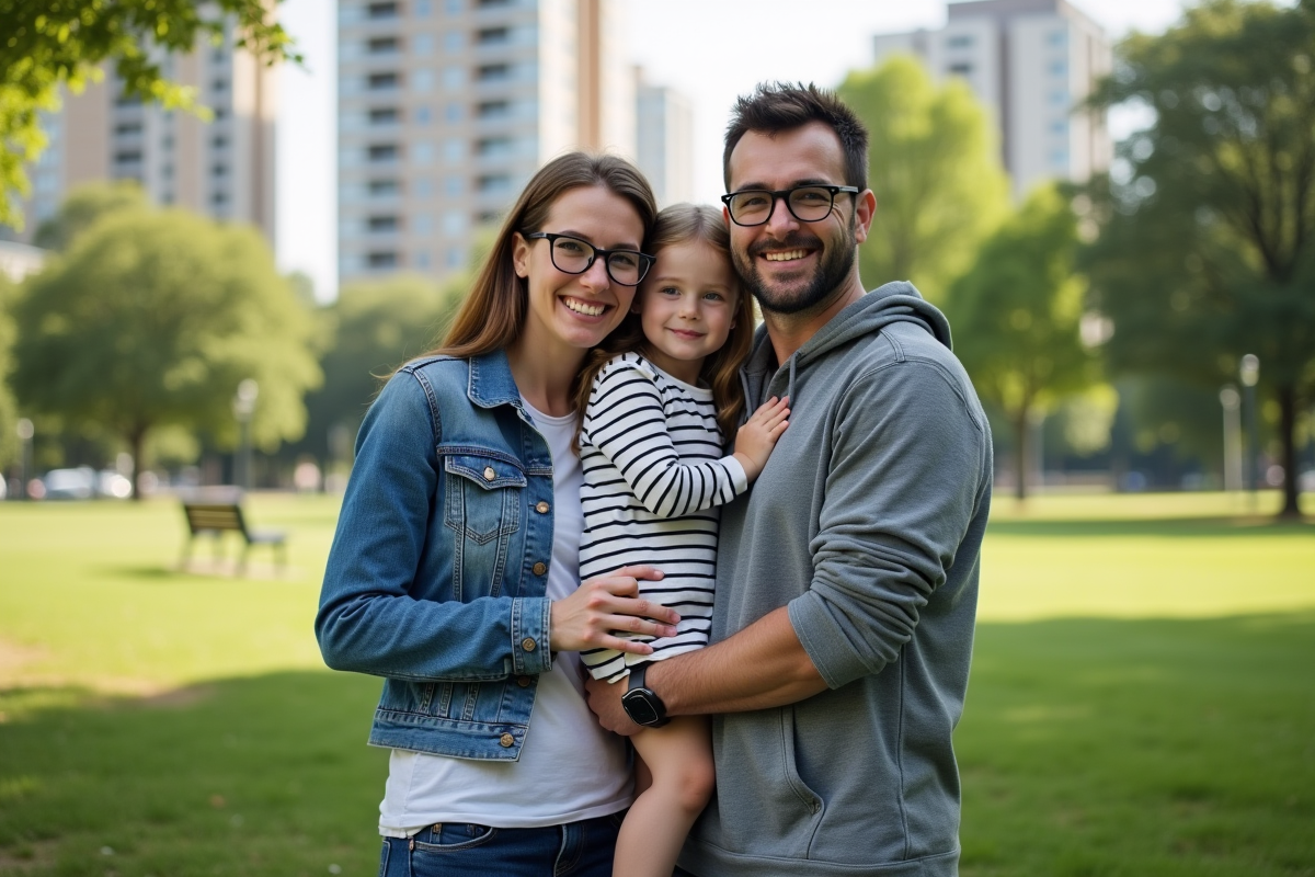 Couple gay avec enfant dans un parc urbain