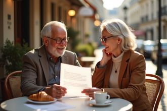 Couple retraité français dans un café à Paris avec documents financiers