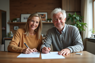 Couple signant des documents immobiliers dans un salon chaleureux