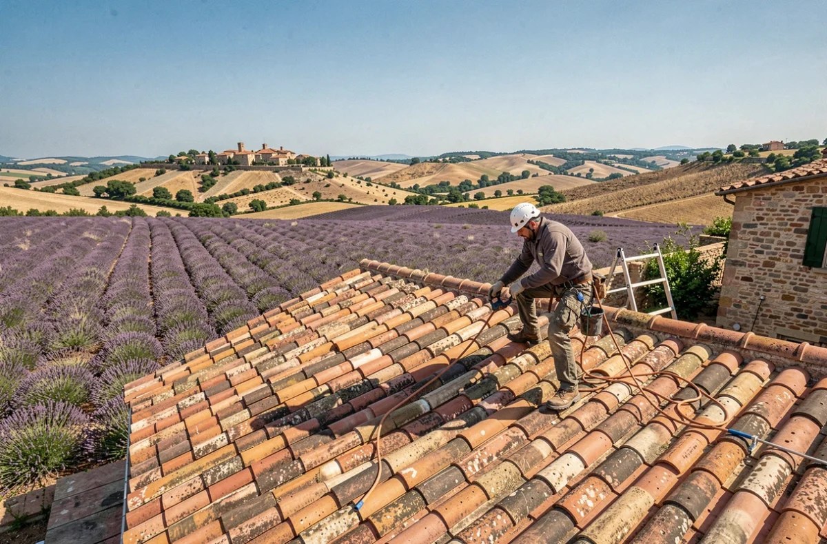 Vue panoramique d'un couvreur professionnel travaillant sur une toiture en tuiles traditionnelles dans le Vaucluse, avec le paysage provençal en arrière-plan
