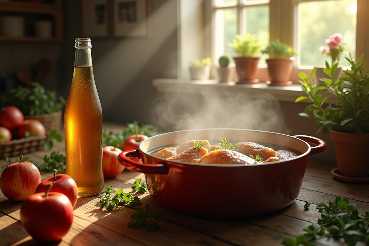 Cuisine chaleureuse avec casserole de lapin en cidre et herbes