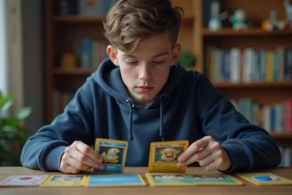Adolescent analysant un deck Pokémon Pocket budget composé de cartes communes posées sur un bureau en bois