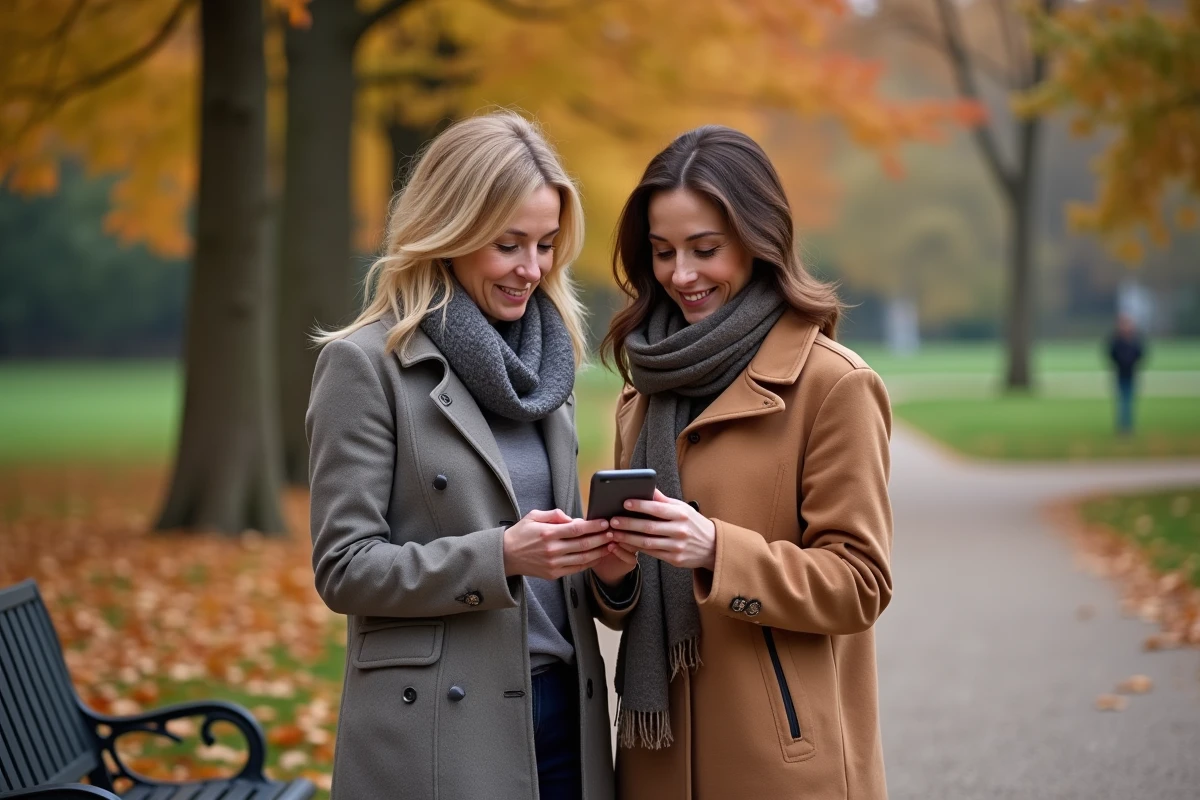 Deux femmes consultant une application de grammaire française sur smartphone dans un parc en automne, toutes les deux attentives à l'écran