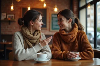 Deux femmes discutant ensemble dans un café parisien, illustrant l'accord grammatical au féminin pluriel en français