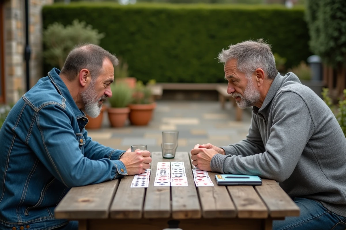 Deux hommes concentrés sur une partie de jeu du Palmier en plein air sur une terrasse en bois