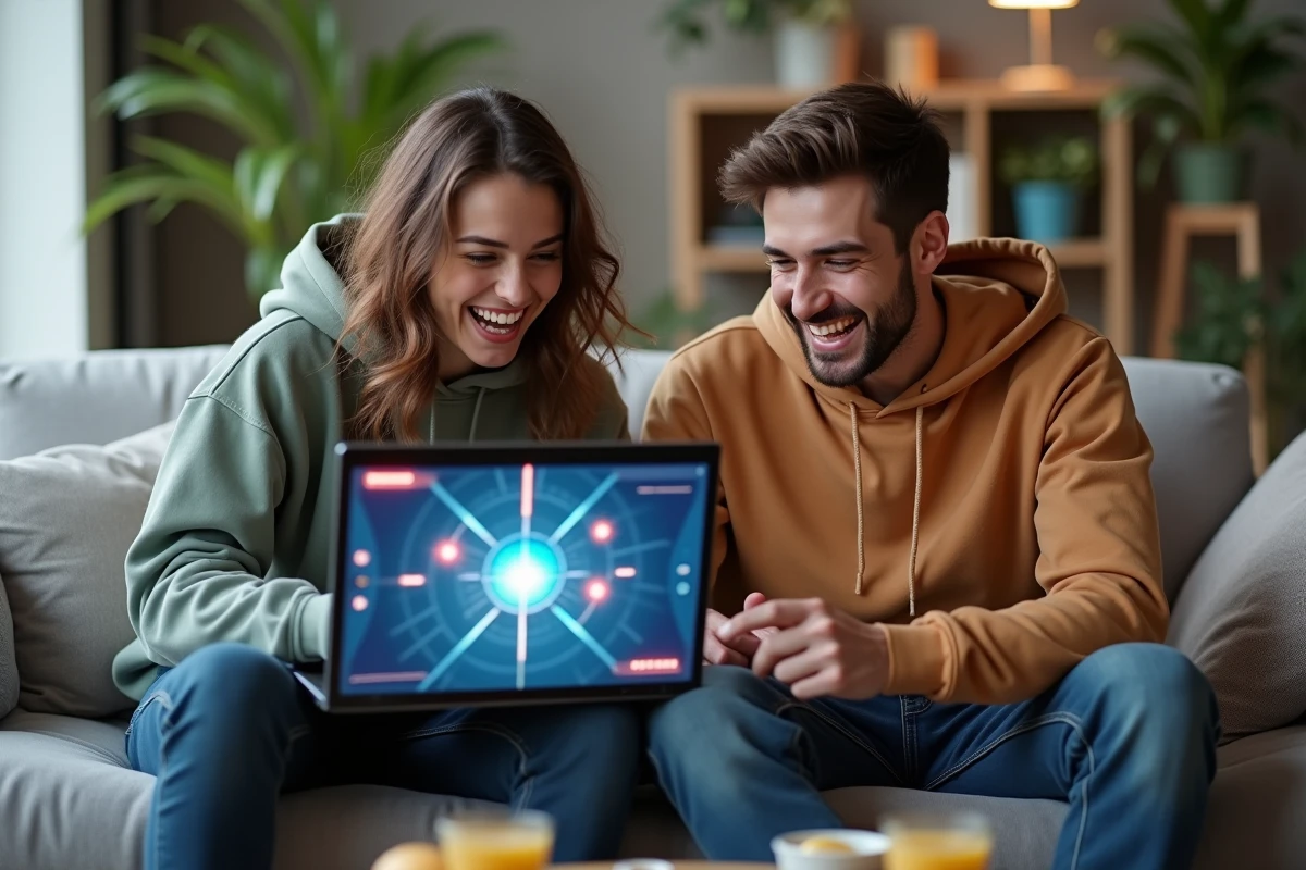 Deux joueurs découvrant ensemble les portails Dofus sur un ordinateur portable dans un salon