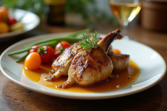 Assiette élégante de lapin glacé au cidre doré avec légumes