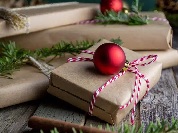 red bauble on brown giftbox