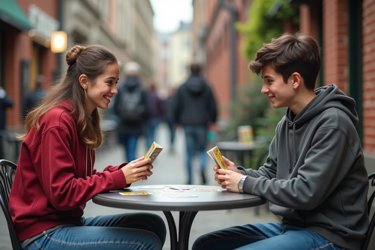 Deux amis jouant un duel avec des decks Pokémon Pocket budget en terrasse de café urbain