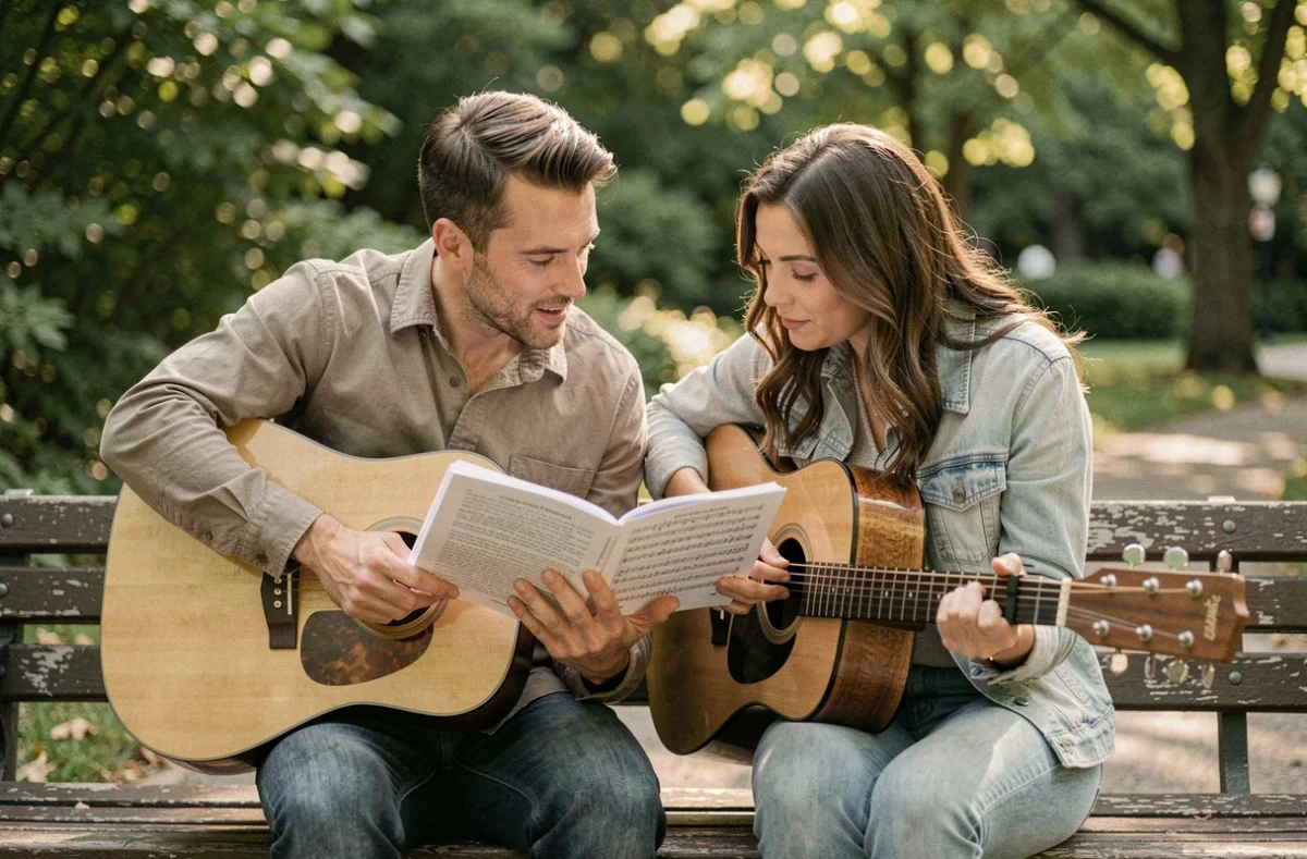 Deux adultes apprenant à déchiffrer une partition et une tablature de guitare ensemble sur un banc de parc