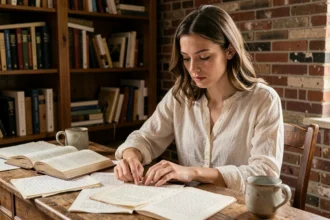 Jeune femme écrivant des vers à la main dans un cahier de poésie posé sur un bureau en chêne entouré de livres