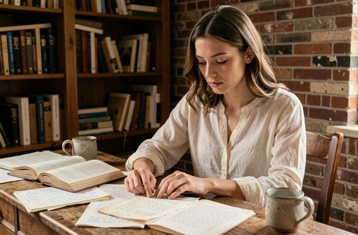 Jeune femme écrivant des vers à la main dans un cahier de poésie posé sur un bureau en chêne entouré de livres