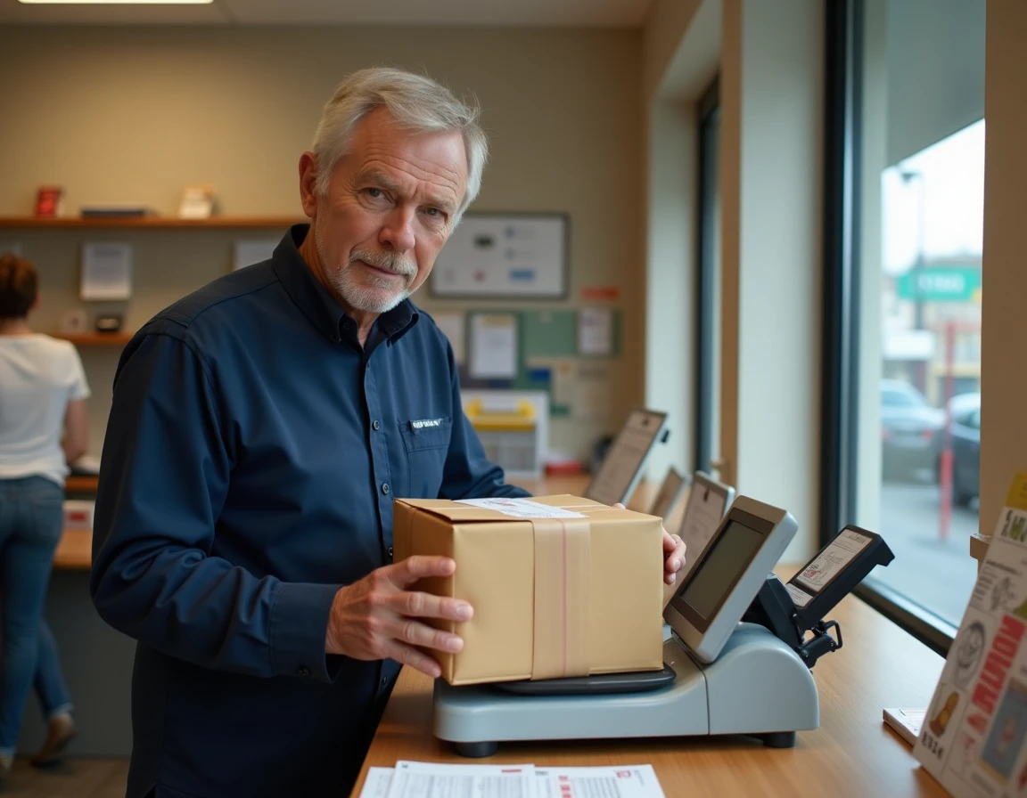Employé de La Poste pesant une enveloppe remboursée sur une balance postale au guichet d'un bureau de poste
