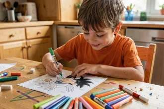 Enfant coloriant un dessin Dragon Ball imprimé à la maison avec des feutres colorés sur une table en bois
