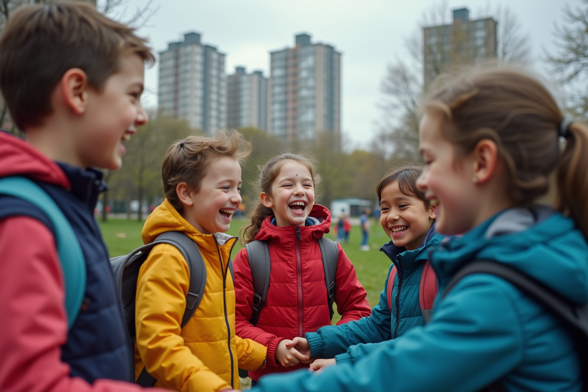 Enfants jouant dans un parc urbain en extérieur