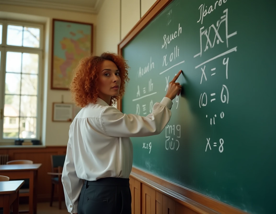 Enseignante expliquant la conversion des chiffres romains devant un tableau noir dans une salle de classe