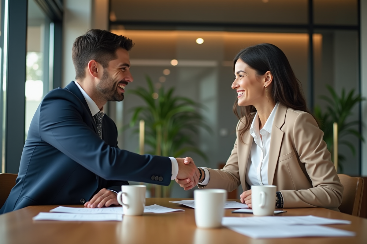Deux professionnels en costume se serrant la main dans un bureau moderne