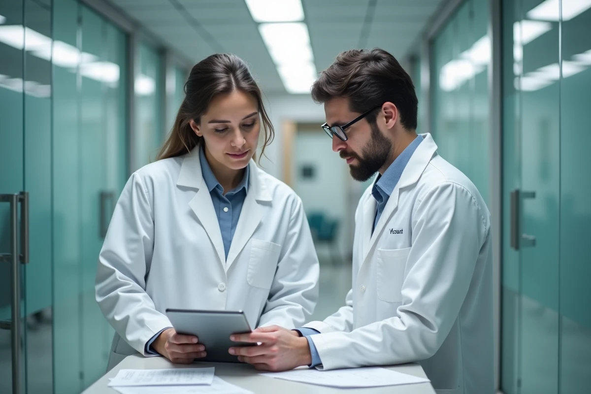 Deux professionnels de la pharmacie ARC collaborant sur un protocole d'étude clinique dans un couloir de centre de recherche