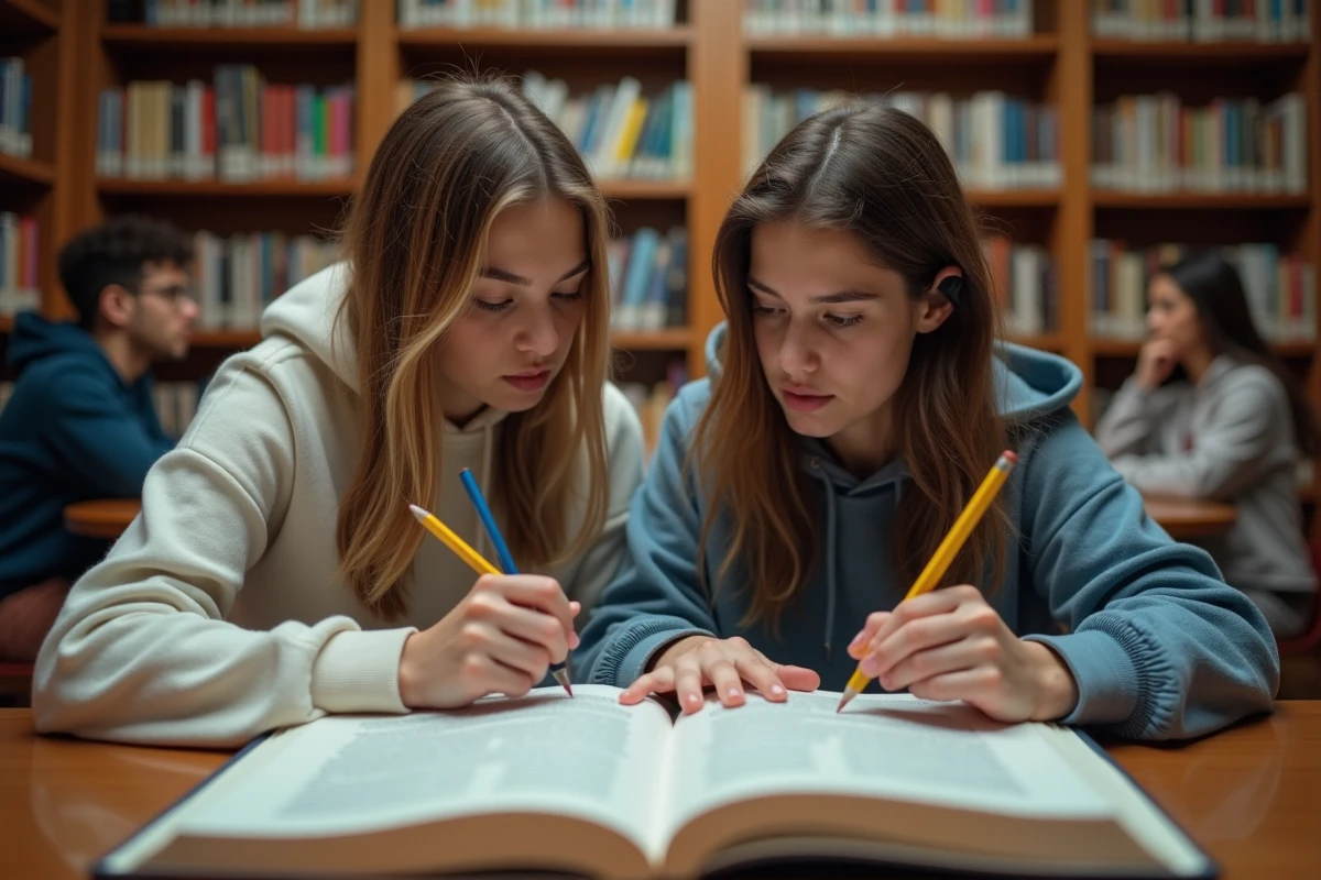 Deux étudiantes étudient une règle de grammaire française dans une bibliothèque universitaire, autour du mot toutes les deux