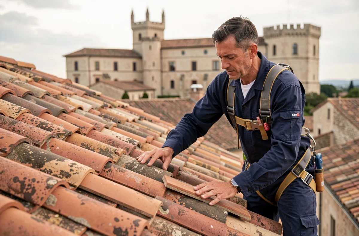 Couvreur de référence posant des tuiles romaines sur une toiture résidentielle à Avignon pour Eurl Tempier