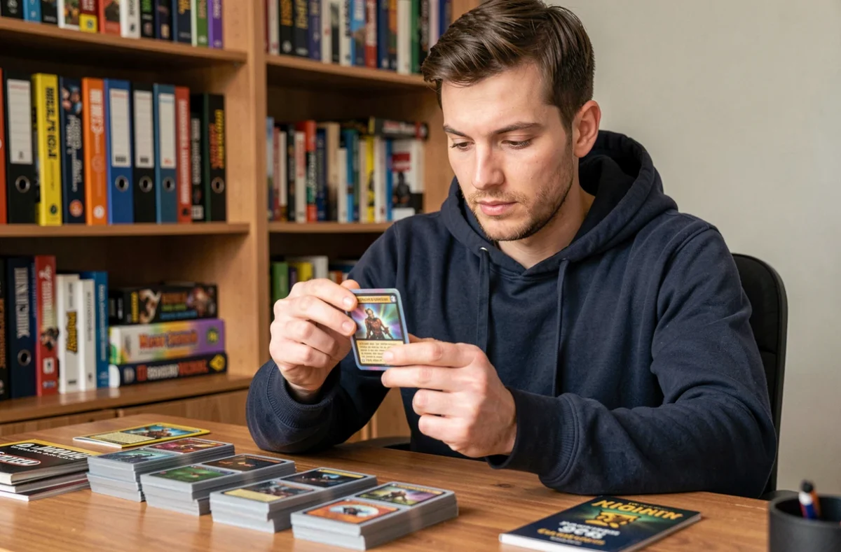 Homme évaluant une carte à collectionner Foudre Noire à son bureau pour la revendre au meilleur prix