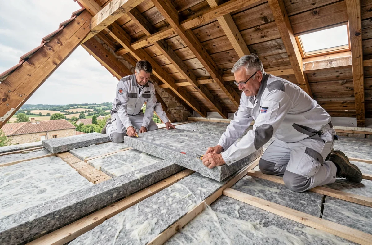 Techniciens d'Expert Renovation Provence posant de l'isolation thermique sous une toiture lors d'une rénovation dans le Vaucluse