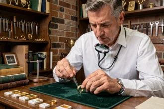 Expert joaillier examinant un poinçon or étranger à la loupe sur un établi de bijouterie