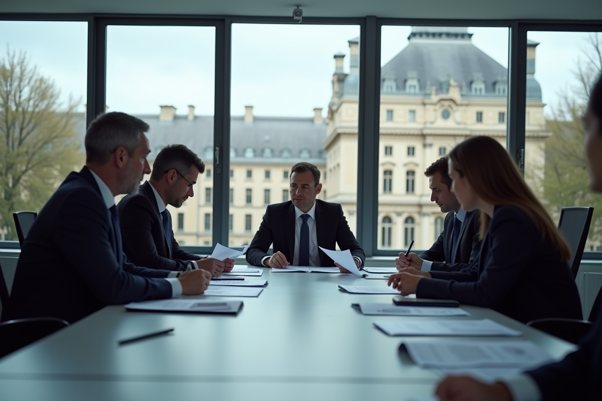 Groupe d experts financiers discutant autour d une table avec vue sur la Banque de France