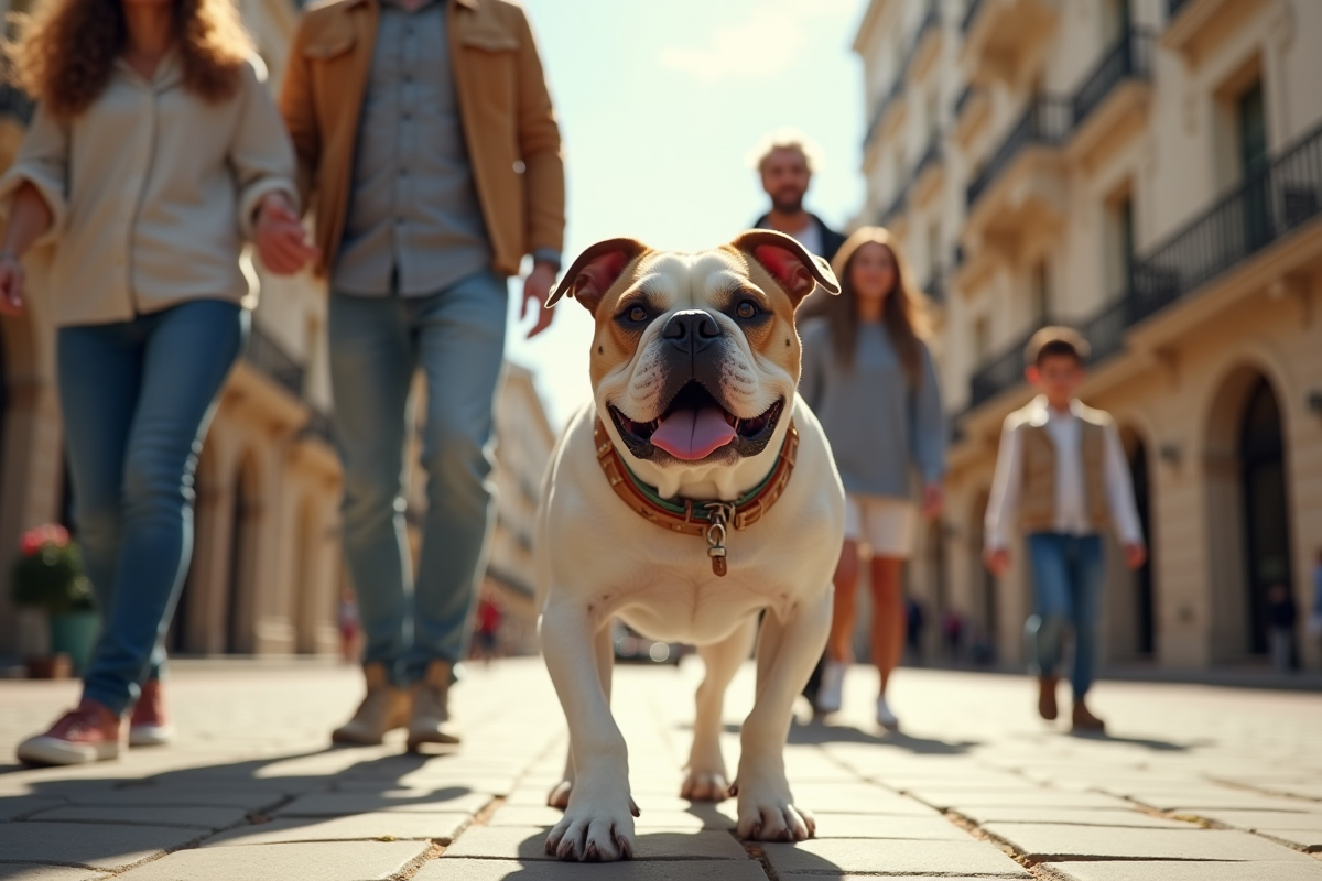 Famille promenant un American Bulldog en ville en plein jour