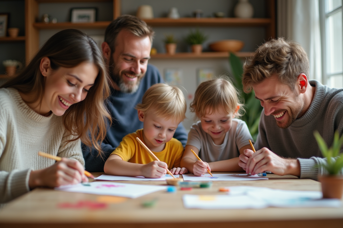 Famille de quatre créant de l'art ensemble dans une cuisine chaleureuse