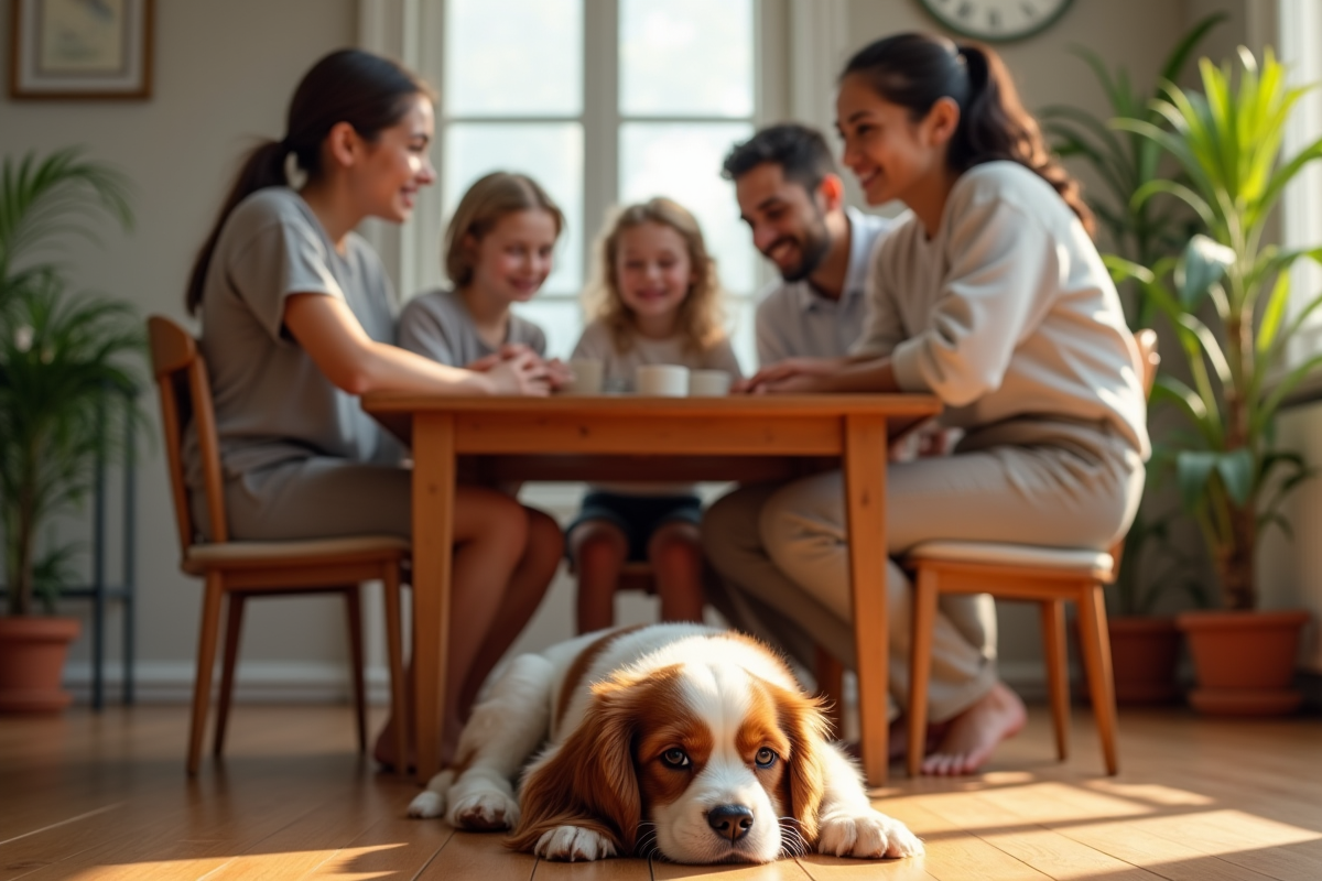 Famille avec chiot cavalier king charles au repas
