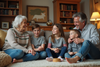 Famille multigenerational dans un salon chaleureux