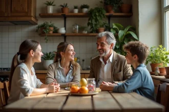 Famille méditerranéenne dans une cuisine vintage chaleureuse