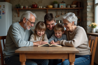 Famille multigenerations réunie autour d'une table en cuisine chaleureuse
