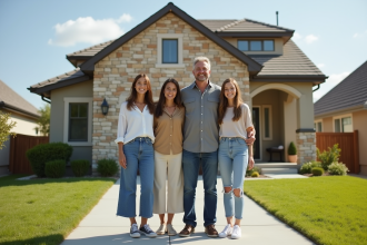 Famille heureuse devant leur maison neuve en banlieue
