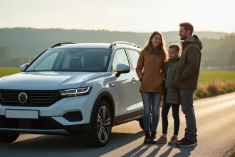 Famille souriante près d'un SUV en campagne