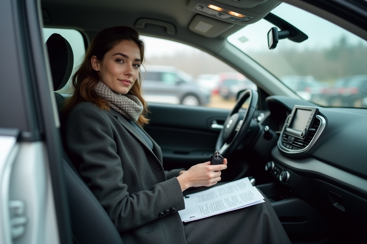 Jeune femme dans une voiture neuve examinant des documents
