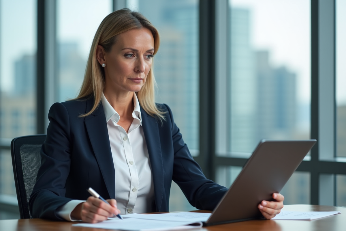 Femme d'affaires en costume navy examine des documents