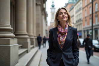 Femme d'affaires confiante devant un bâtiment urbain