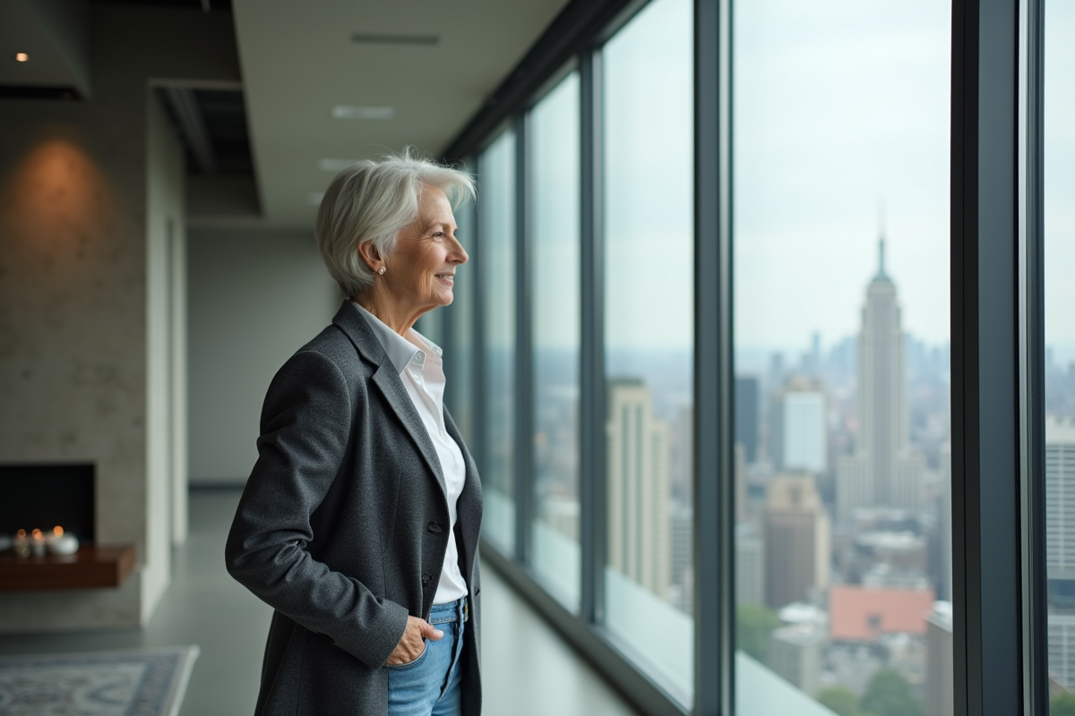 Femme mature regardant par une grande fenêtre urbaine