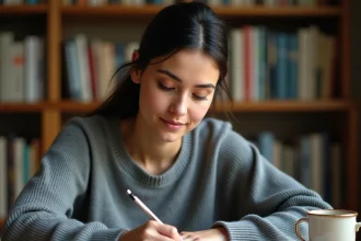Femme écrivant des chiffres romains à la main dans un carnet sur un bureau en bois, apprenant la conversion des chiffres romains
