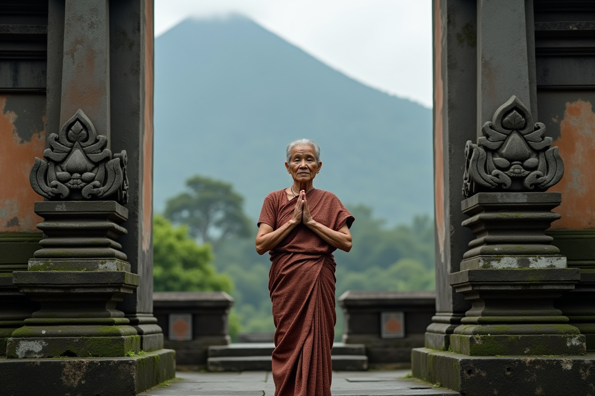 Femme balinaise en prière devant le temple de Besakih