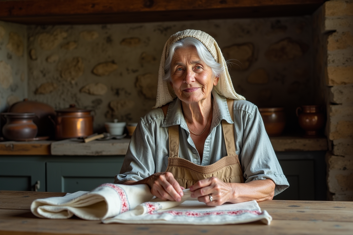 Femme bretonne âgée en costume traditionnel assise à la table